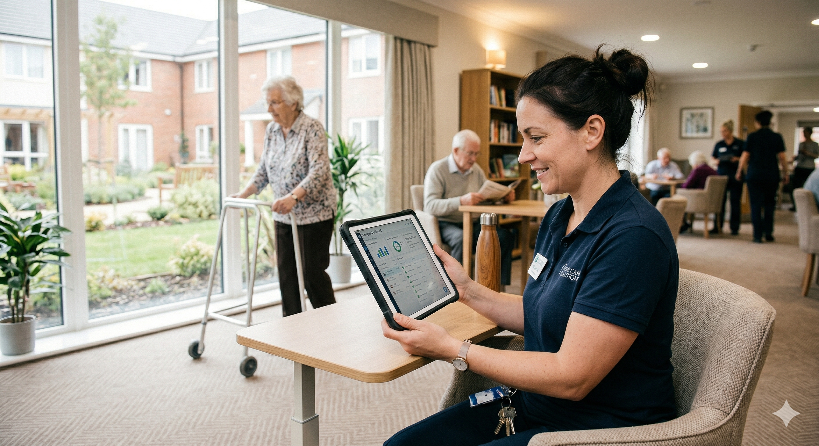 Verzorgende bekijkt het Valtes dashboard op een tablet
